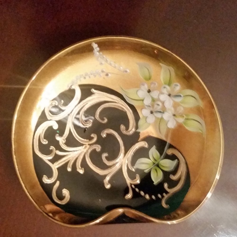 Vintage handpainted Bohemian/Czech Emerald green dish EUC